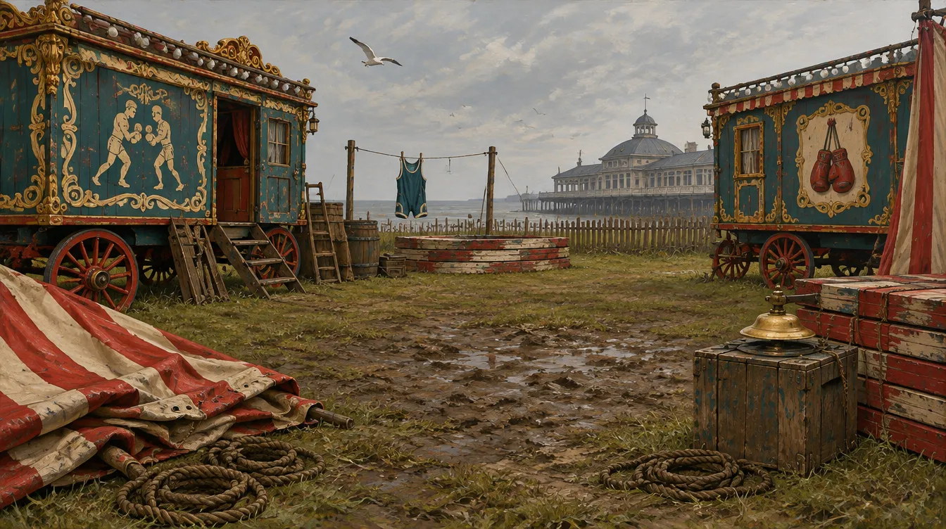 The back lot behind the pavilion in the morning: two painted living wagons, a folded striped tent on the grass, the round bell sitting on a crate