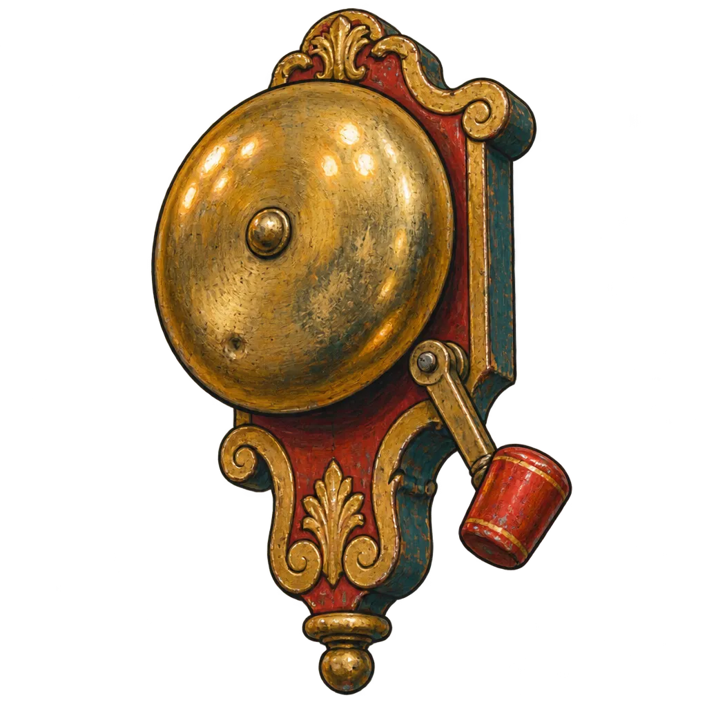 The Marchbank round bell, brass dome on a gilded red bracket with its striker hammer