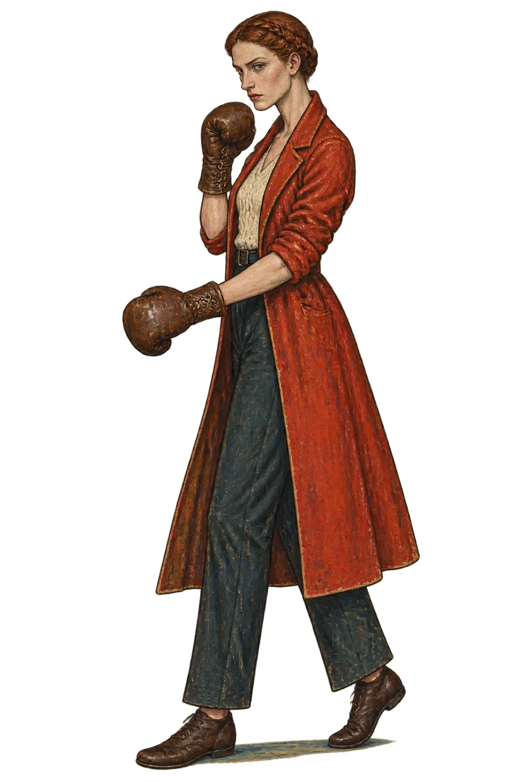 Cora Vane standing side-on in a long red coat, braid pinned tight round her head, lead glove low, rear glove at her jaw
