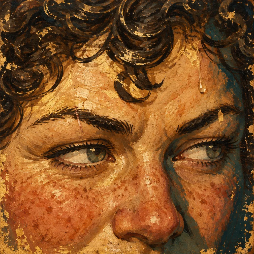 Close painting of Dolly's eyes under dark curls, a white scar through one eyebrow, looking away and down
