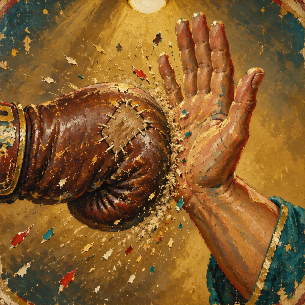 A patched brown glove landing on an open palm, sawdust and flakes of painted enamel bursting from the contact