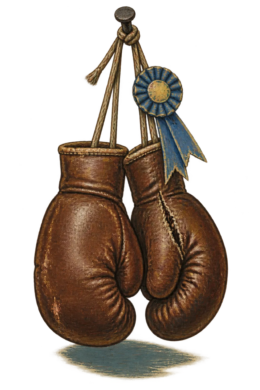 An old pair of gloves hanging from a nail by their laces, a blue rosette tied to one lace