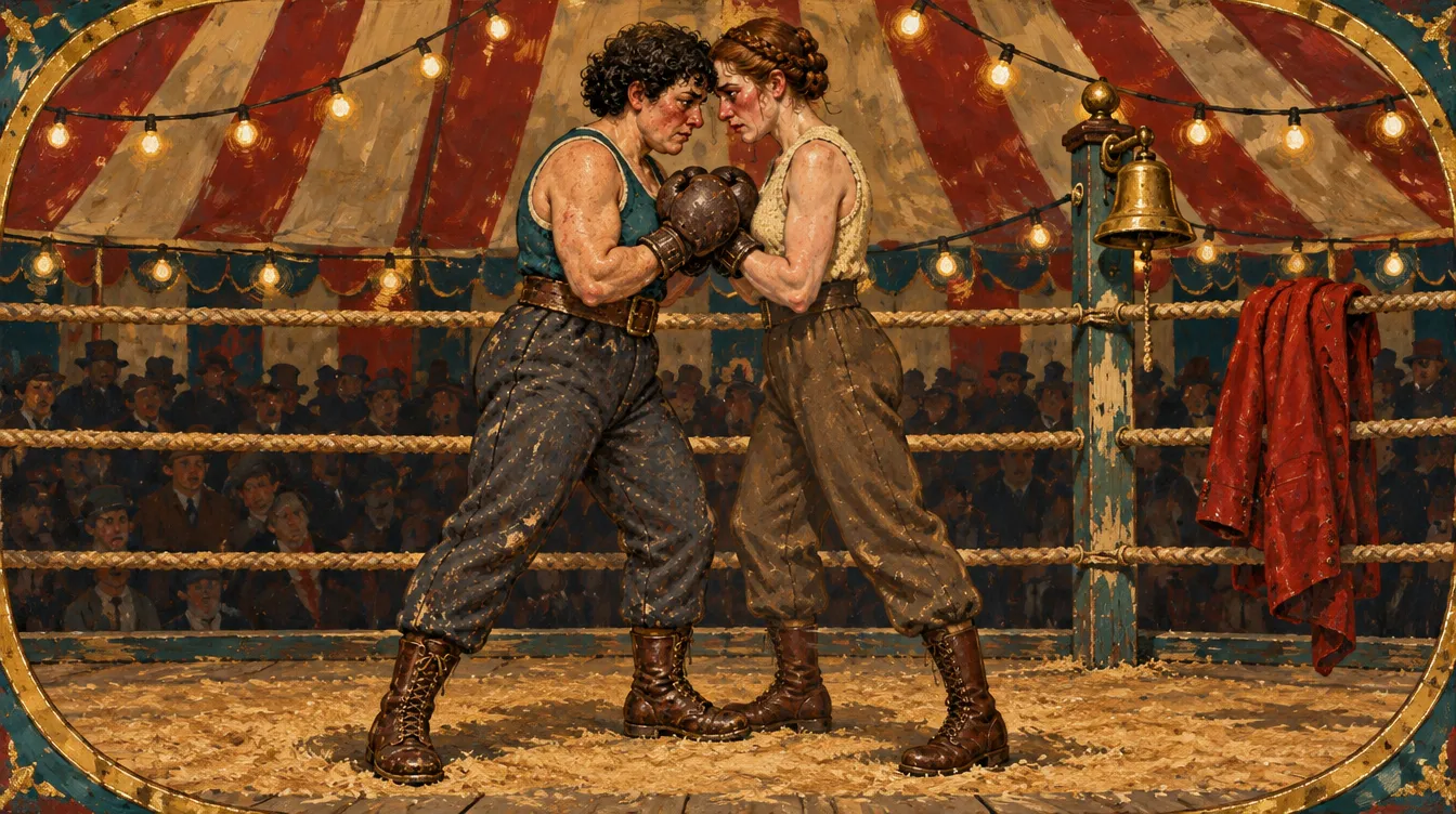 Dolly Marchbank and Cora Vane chest to chest in the sawdust ring, gloves pressed together, foreheads almost touching, the brass bell behind them