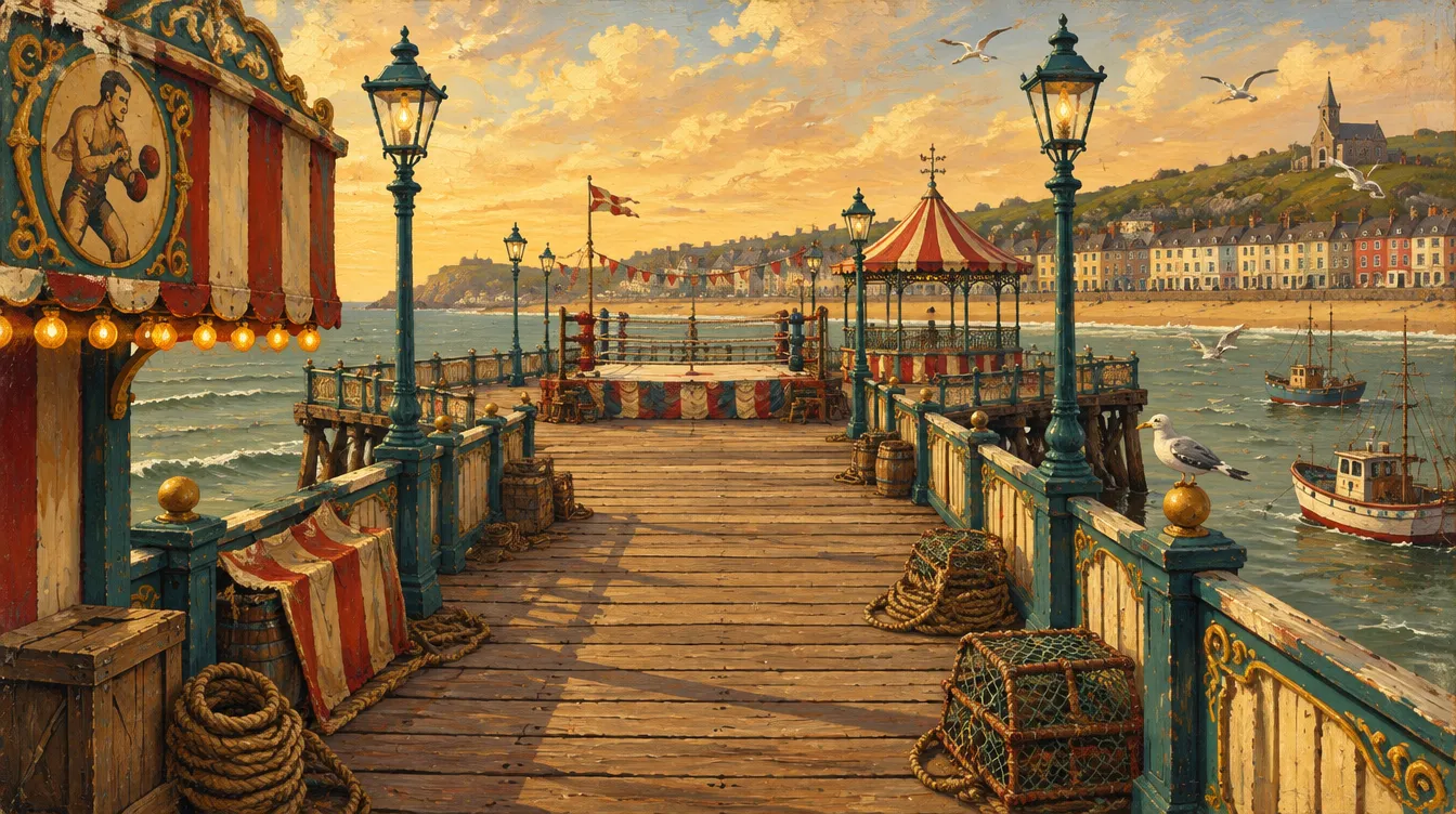 Aldwych-on-Sea pier in late gold light, a roped square laid out on the planks, the chapel and painted terraces on the hill behind